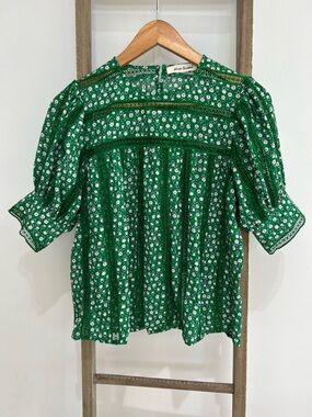 Blue Tassel Anthropologie Green Floral Lace Puff Sleeve Blouse Size S NWOT Boho
